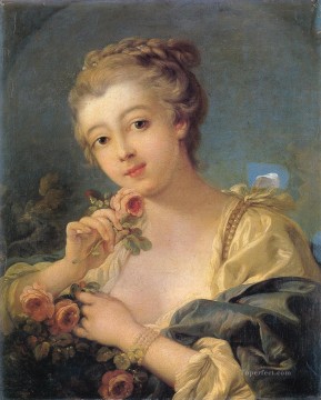 フランソワ・ブーシェ Painting - バラの花束を持つ若い女性 フランソワ・ブーシェ